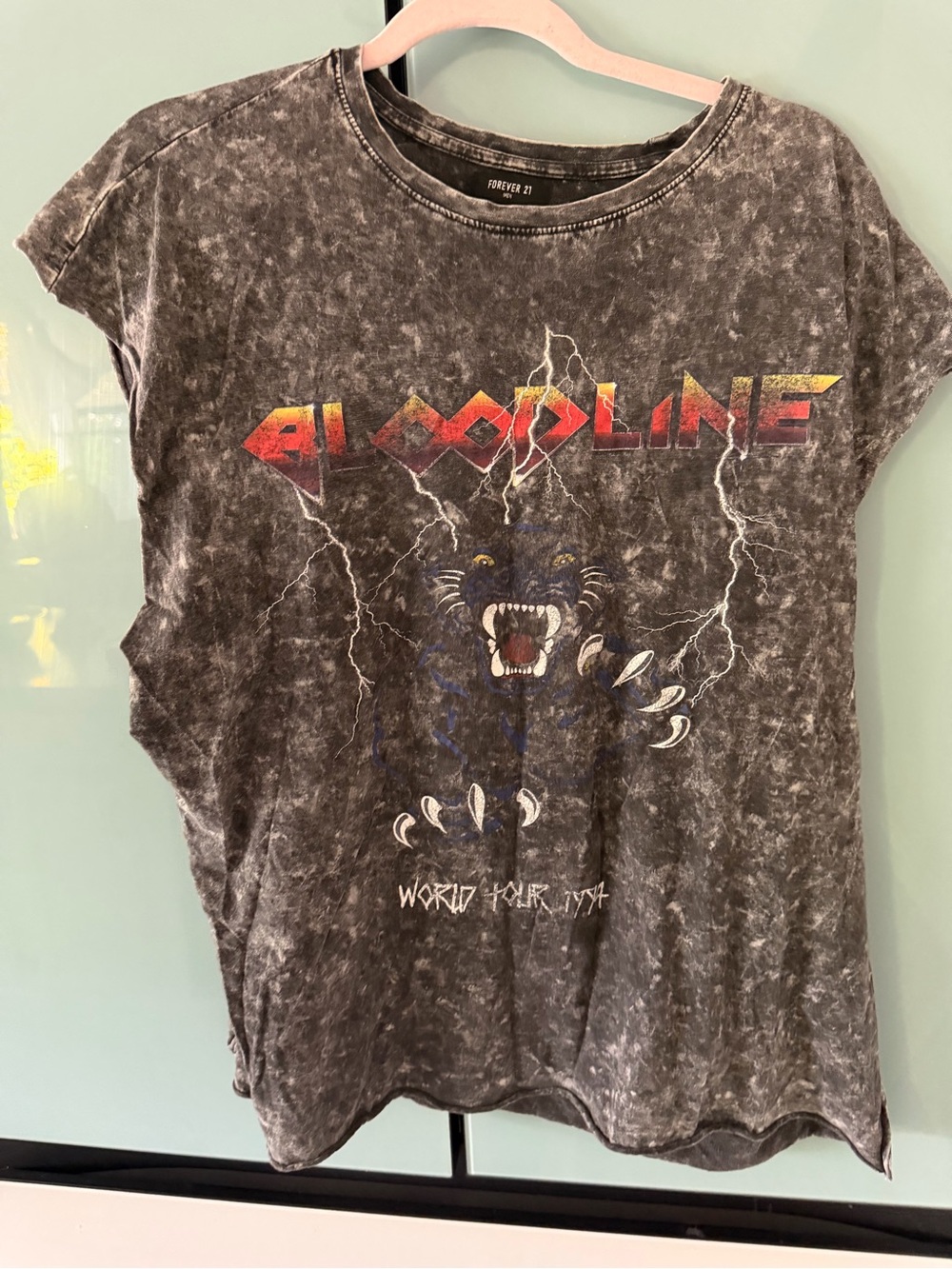 Black Acid-Wash Graphic Tee with Multicolor 'Bloodline' Print